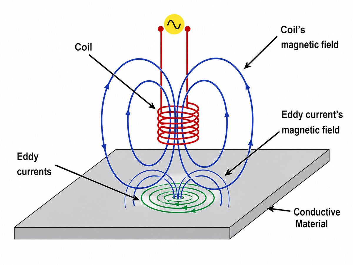 Diagram of eddy current formation from an induction coil on a conductive material