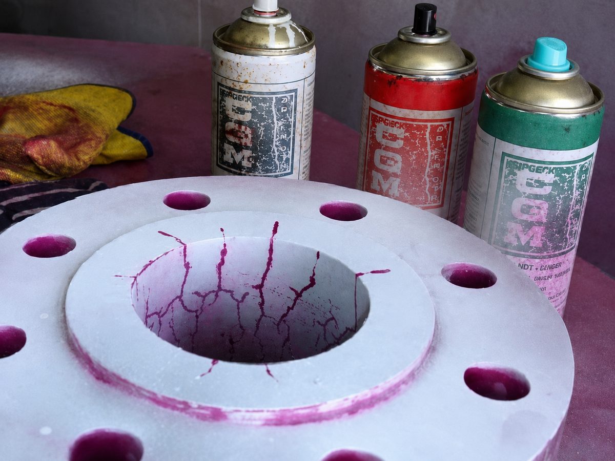 Liquid penetrant testing showing dye indication of a surface crack
