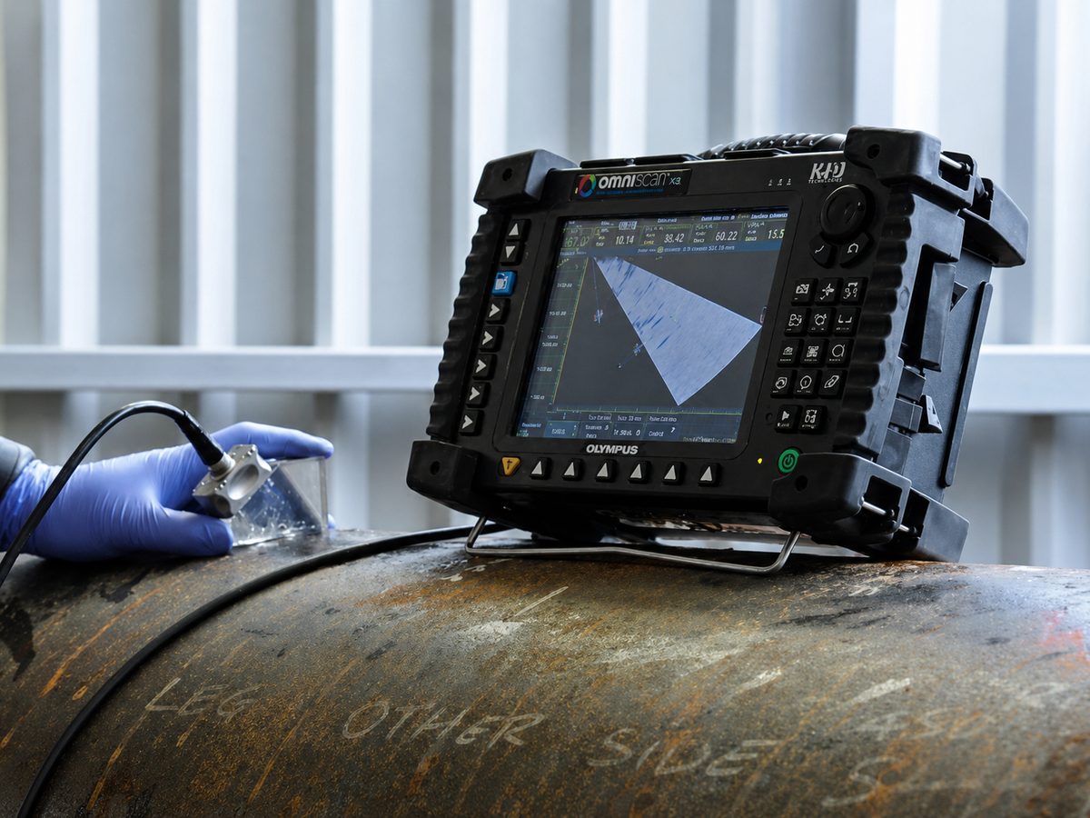 Phased array ultrasonic flaw detector in use on a pipe weld