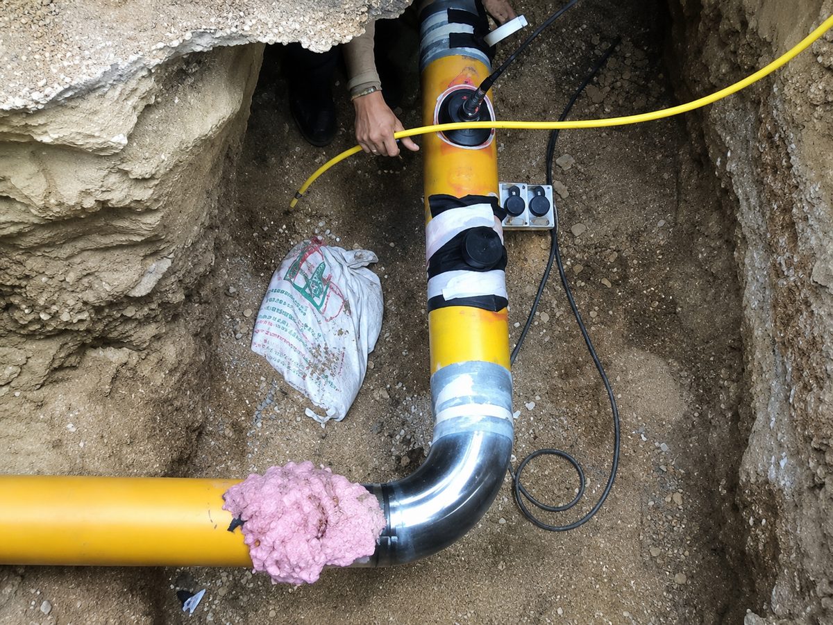 Radiographic testing setup on a pipe weld joint