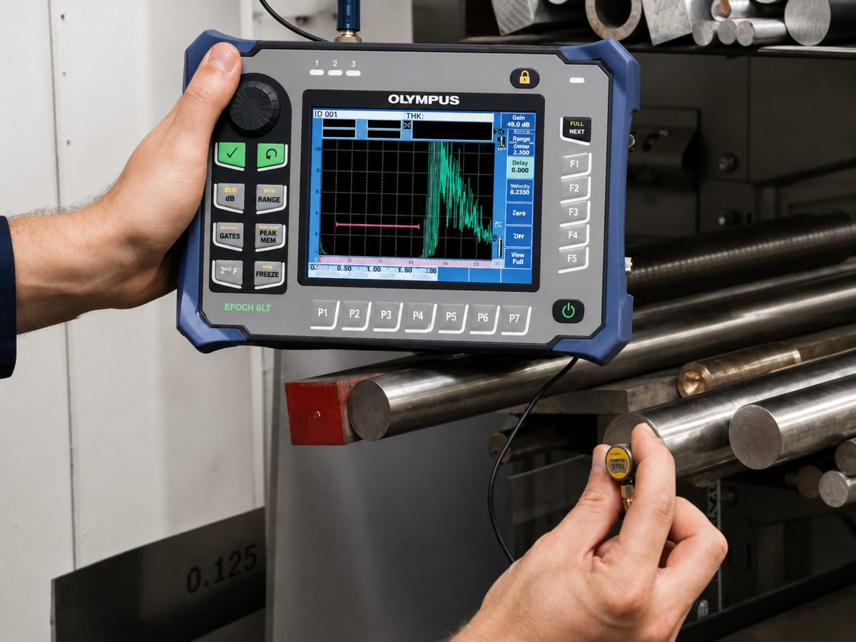 Ultrasonic flaw detector in use on metal bar stock