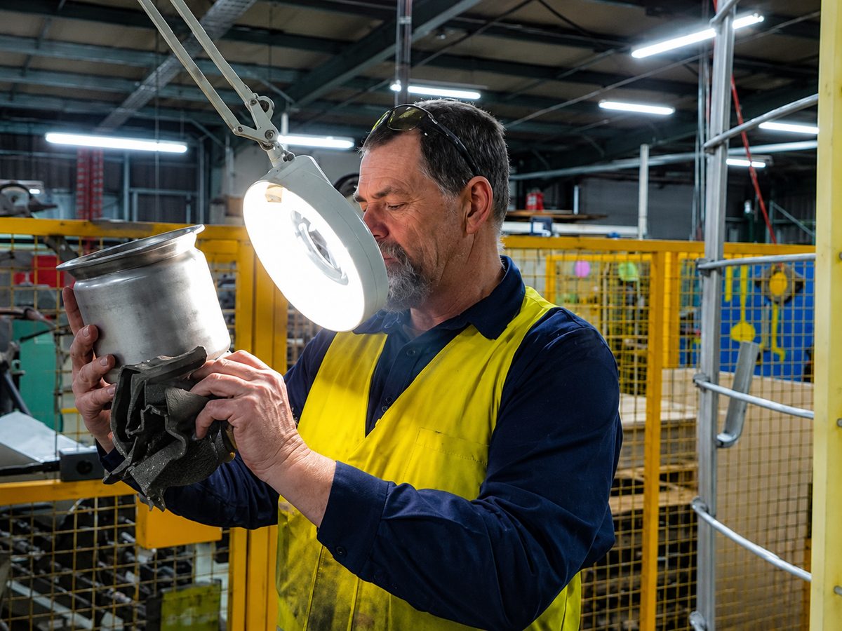 Technician performing visual inspection of a machined component