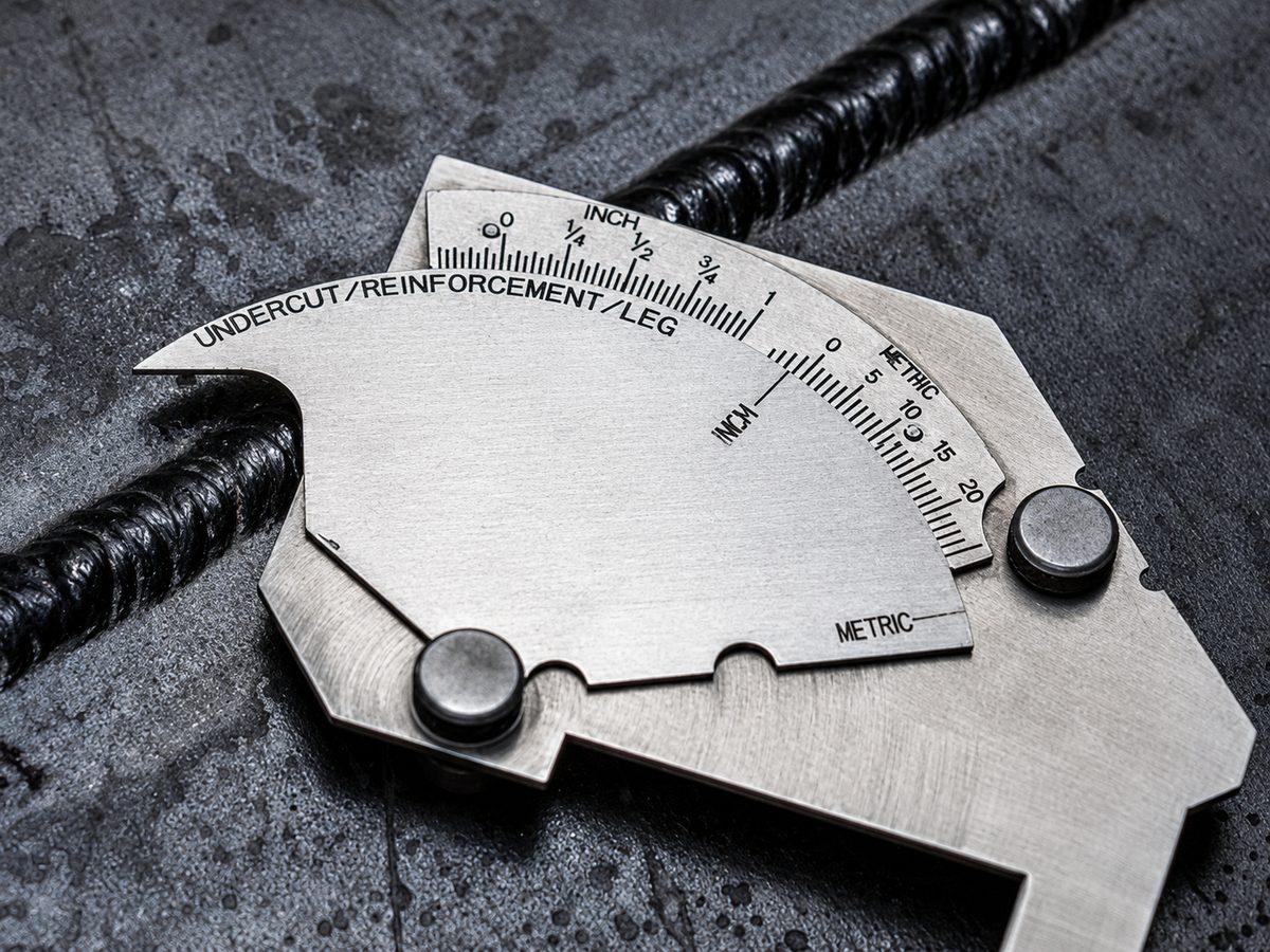 Welding inspection gauge measuring undercut and reinforcement on a weld